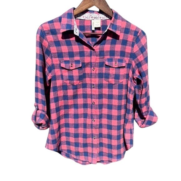 Passport Tops - Flannel Button Down‎ Women L Pink Navy Buffalo Plaid GOOD CONDITION